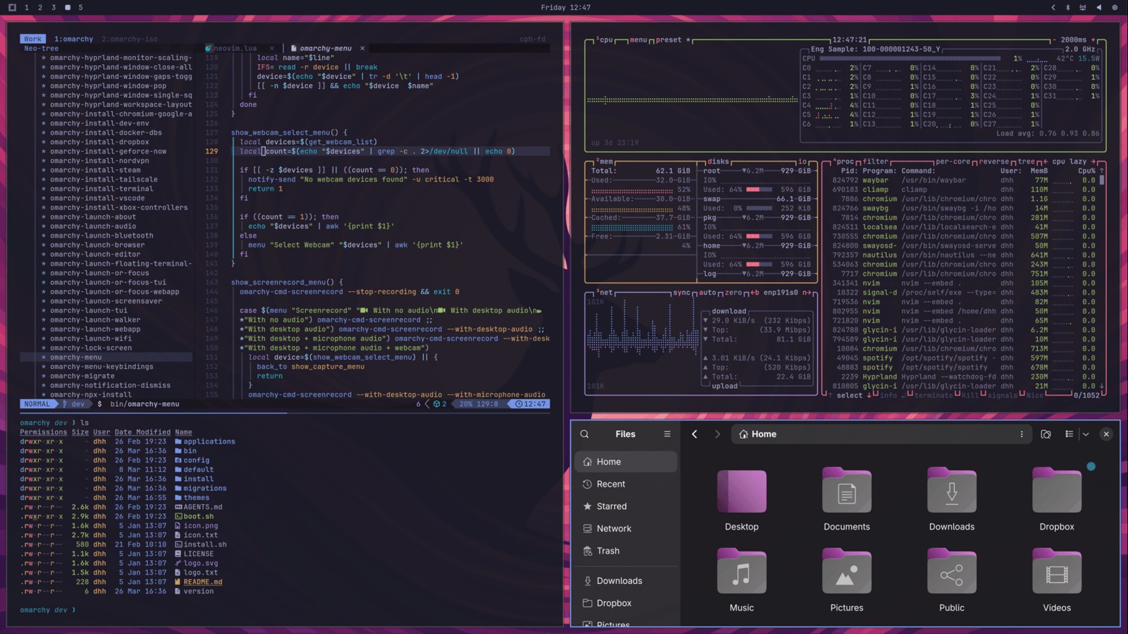 The Omarchy desktop: tiled windows with code, a system monitor, a terminal and files